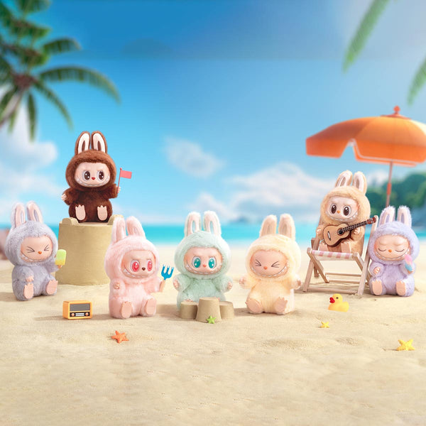 Labubu in various poses on a beach with a clear blue sky.