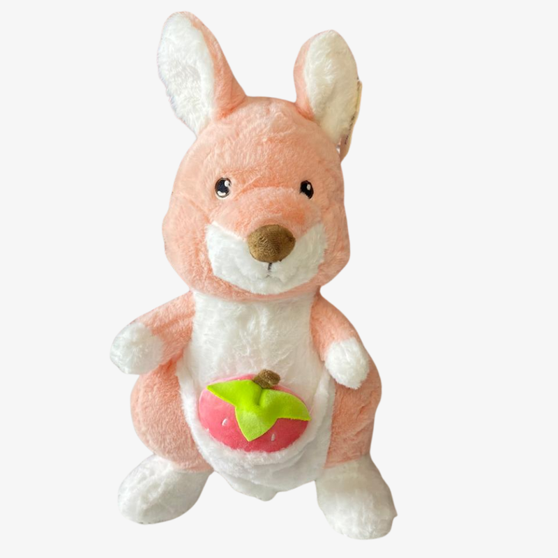 Plush toy kangaroo holding a green leaf on a white background