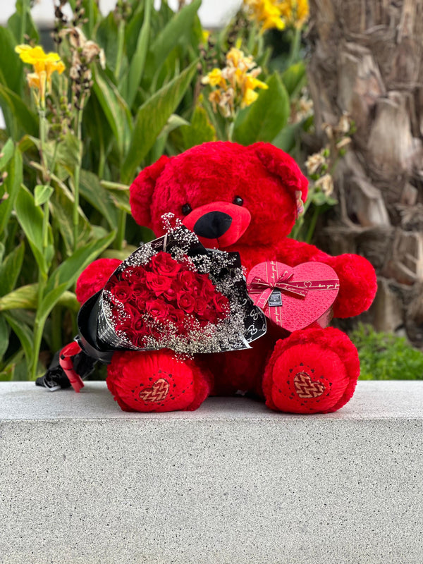 Pack d’Amour – Nounours Géant Rouge avec Roses & Chocolats (S, M, L)