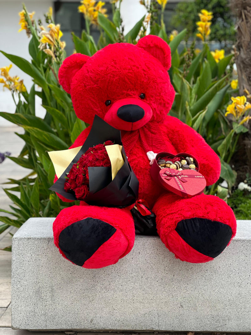Pack d’Amour – Nounours Géant Rouge avec Roses & Chocolats (S, M, L)